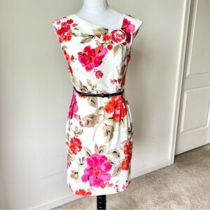 DRESSBARN Floral Asymmetrical Neck Cap Sleeve Sheath Dress—SZ. 4P